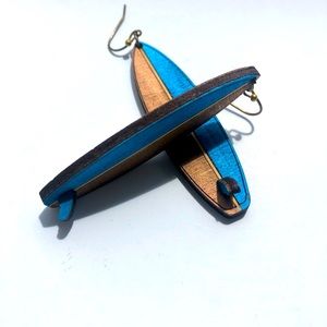 Surfboard Earrings | Lightweight wood | hand painted bronze/blue. Each unique